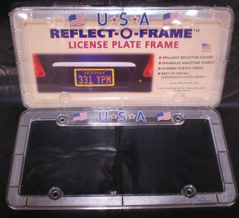 Two (2) "clear" reflective plastic license plate frames - "usa  & flags"