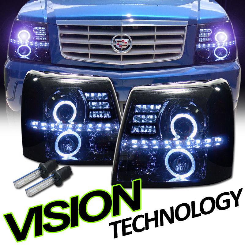 10000k xenon hid 02-06 escalade smoked halo led projector head lights lamps pair