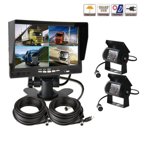 7&#034; split quad car reversing monitor 4 video + 2x truck ccd backup camera 24v-12v