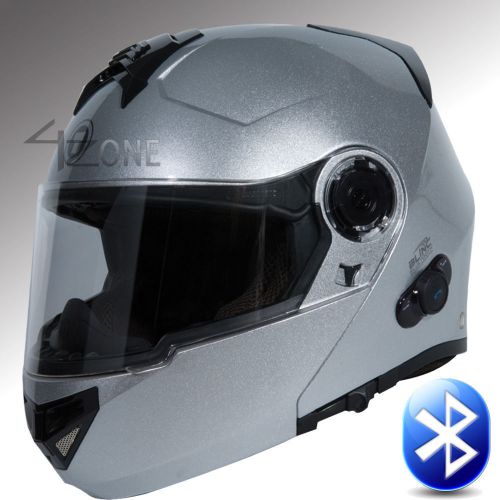 Torc t27b silver bluetooth full face motorcyce helmet modular dual visor xl dot