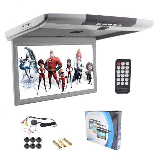 Gray 15.6&#034; hdmi led flip down overhead roof mount monitor sd/usb/fm/1080p remote