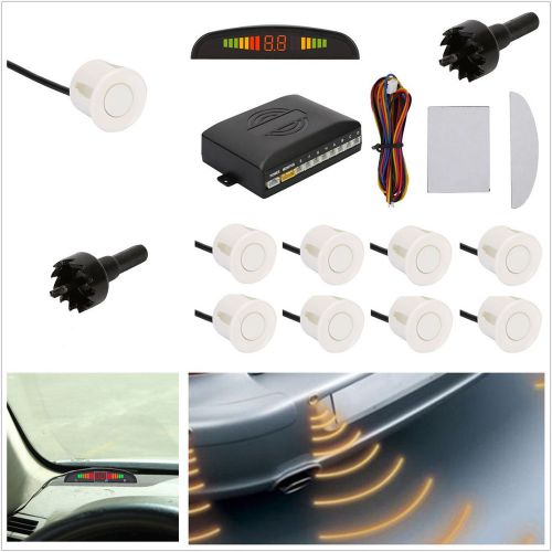 12v 8 white parking sensors autos front/rear reverse assist alarming system kit