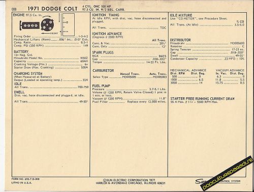 1971 dodge colt 4 cylinder 97.5 ci / 100 hp engine car sun electronic spec sheet