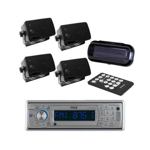 Marine boat cd mp3 am/fm radio player &amp; bluetooth + 4 black box speakers &amp; cover