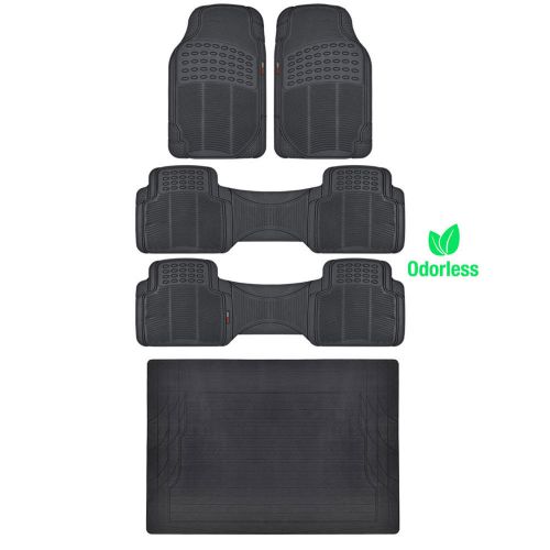 Set of 5 rubber floor mats front pair runners trunk cargo liner motortrend black