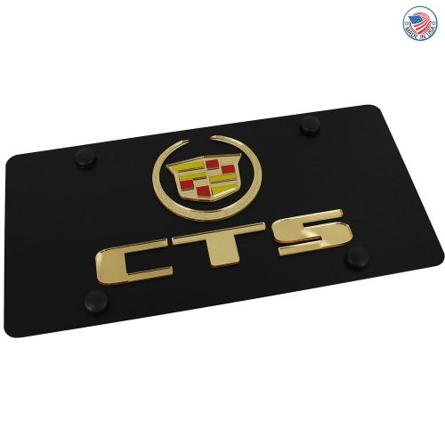 Cadillac gold logo + cts name on carbon black stainless steel license plate