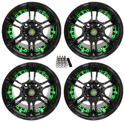 Madjax 10&#034; mirage black/green golf cart wheels/rims ez-go &amp; club car