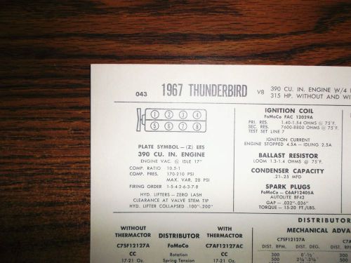 1967 ford thunderbird eight series models 390 cubic inch v8 tune up chart