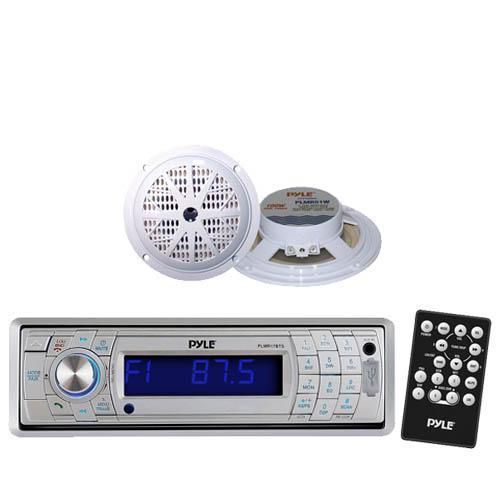 In dash marine sd usb am/fm radio stereo &amp; wireless bluetooth + 2 white speakers