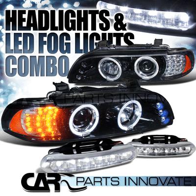 Glossy black 01-03 e39 528i 540i smoke led projector headlights+6-led fog lamps