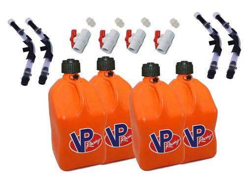 Vp 4 pack orange square 5 gallon fuel jugs + hose, hose bender, &amp; ball valve