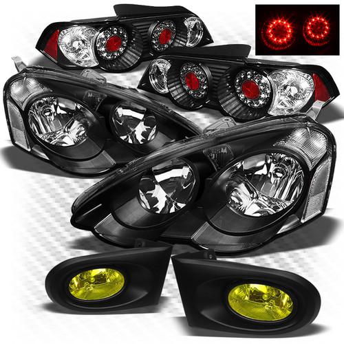 02-04 rsx jdm black headlights + led perform tail lights + yellow fog lights set