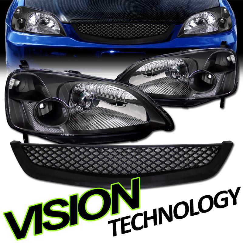 01-03 civic 2d/4d blk housing clear lens crystal headlights assembly+mesh grille