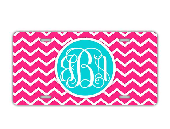 Personalized license plate - monogrammed hot pink chevron w lt blue tag (9695)