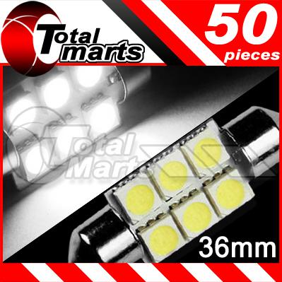 50x white 36mm 6-smd led festoon car light bulbs dome map de3175 ac329