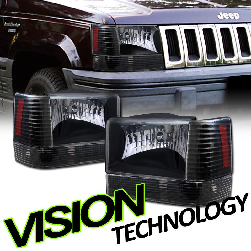 93-96 grand cherokee black headlights+turn signal bumper+corner lights w/ amber