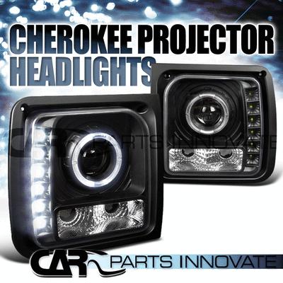 1997-2001 jeep cherokee black smd led drl halo projector headlights