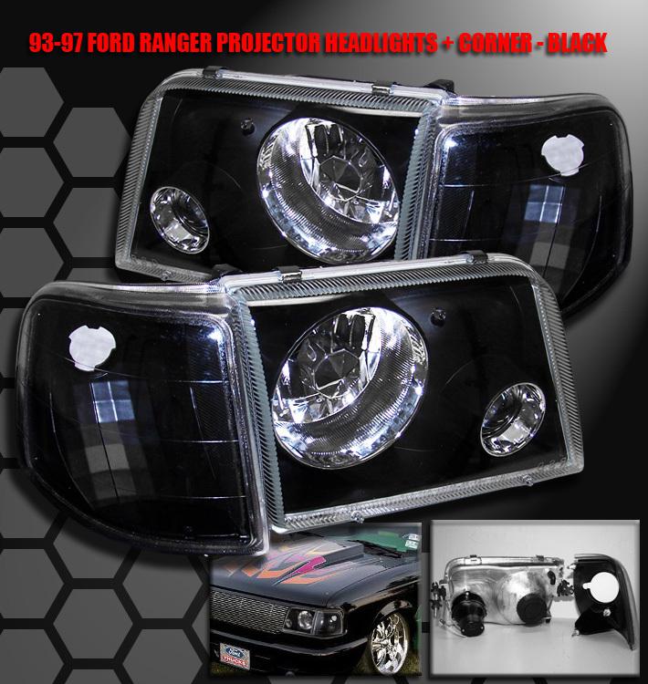 1993-1997 ford ranger pickup truck projector head light+corner signal lamp black