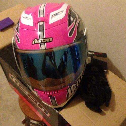Icon air helmet small jacket medium pink gloves small motorcycle gear
