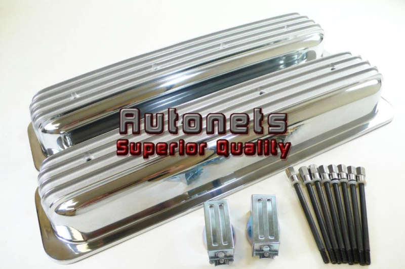 Polished aluminum nostalgic finned sb chevy center bolt valve cover hot rat rod