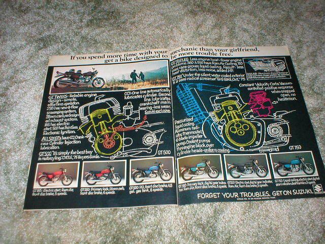 1976 suzuki motorcycle ad gt twins: 185 250 500 , gt triples: 380 550 750