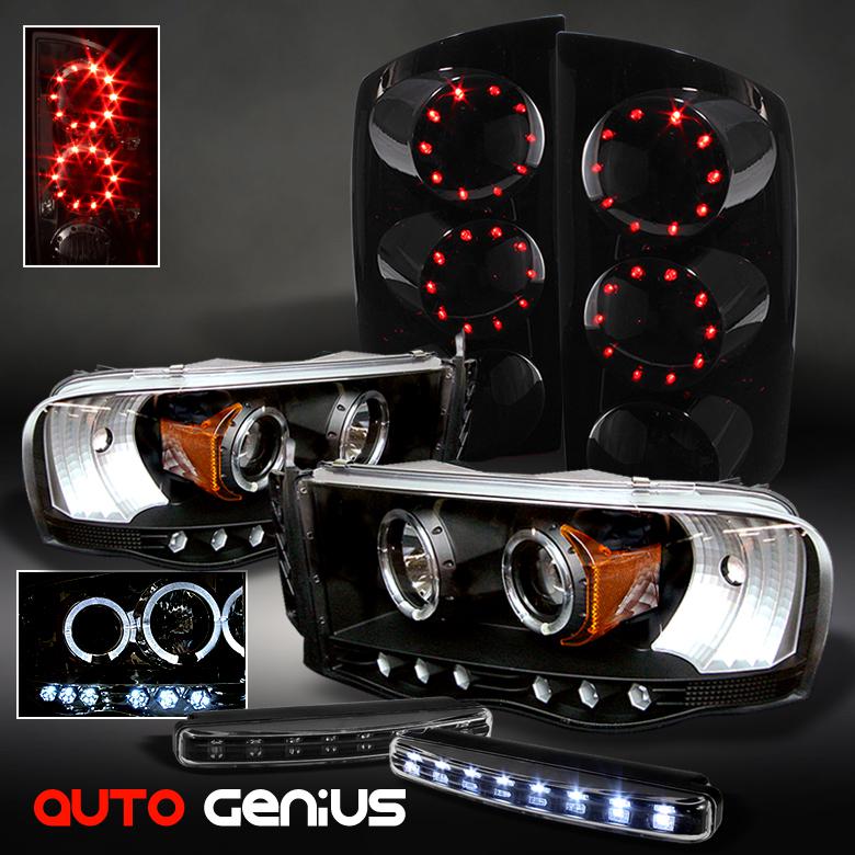 02-05 dodge ram halo projector headlights +led tail lights+drl led bumper lights