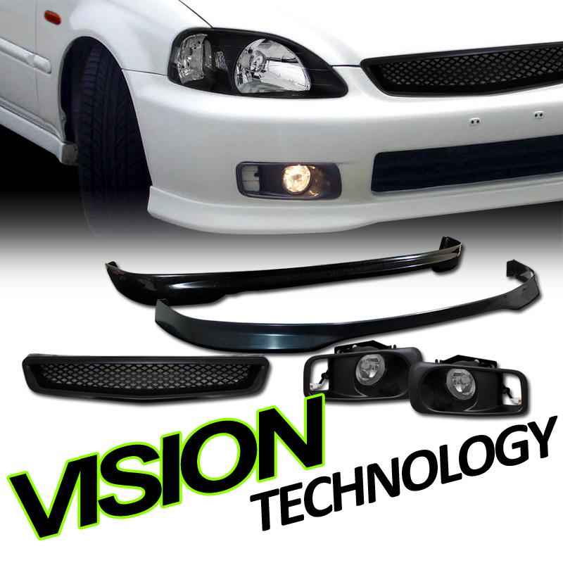 99-00 civic 3d/3dr/hb t-r style pu front+rear bumper lip spoiler+grill+fog light