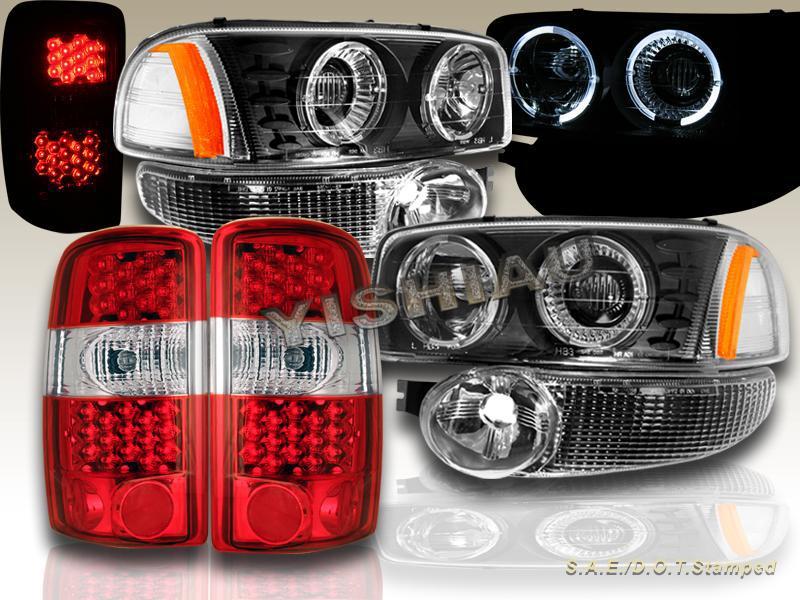 00-06 yukon denali twin halo projector headlights+led tail lights red/clr+bumper