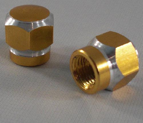 2 billet aluminum "gold hex" tire valve stem caps for harley davidson wheel rims