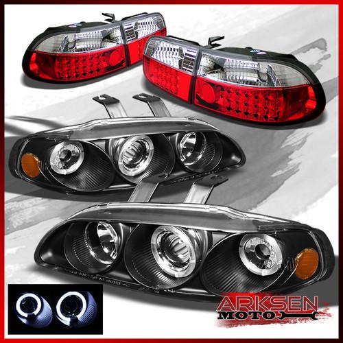 92-95 civic 4dr 2x black halo projector headlights+red clear led tail lights