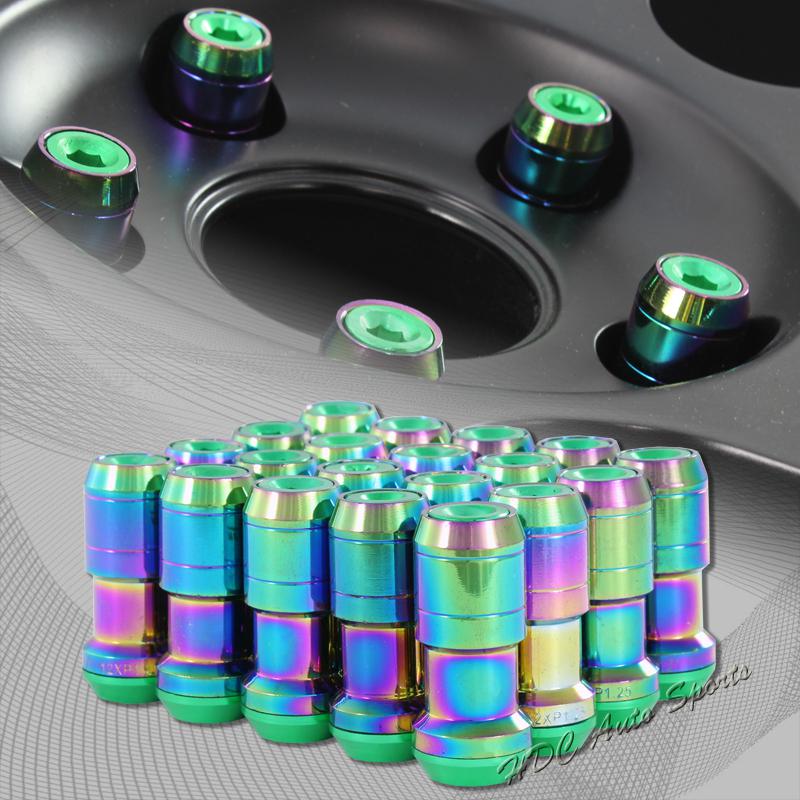 20pcs m12 x 1.25mm thread pitch wheel rim tuner 1.9" lug nuts green / neo chrome