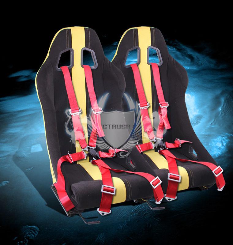 2x universal fabric racing seats yellow stripe +6-pt camlock harness seat belt