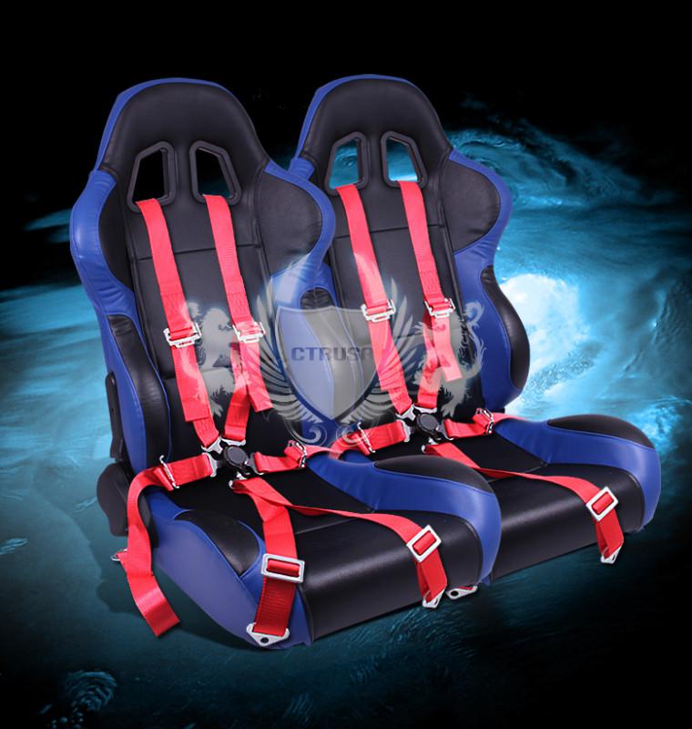 2x jdm blk/blue turino sport racing bucket seat+6-pt red belt camlock strap pair