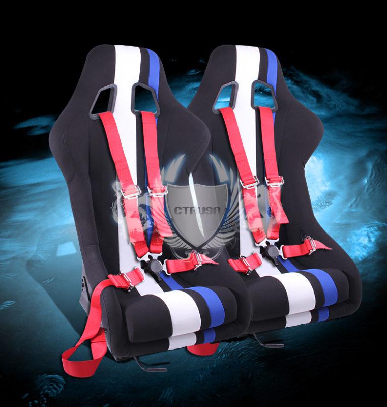 2x universal black/white blue stripe fabric racing seats+4-pt red camlock belt