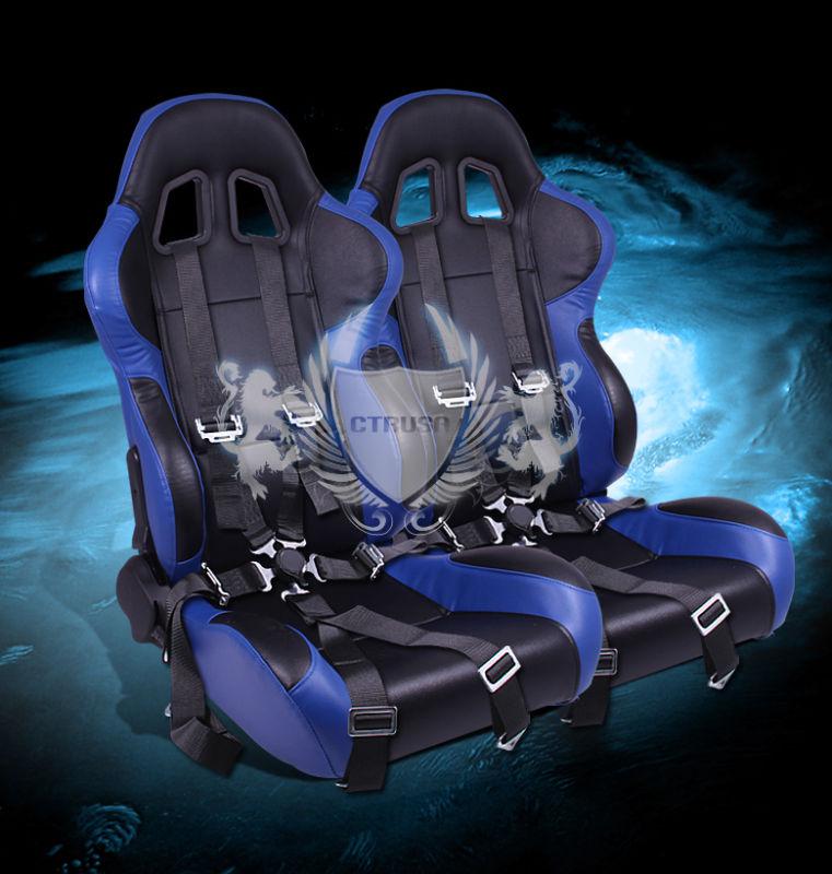 2x universal black/blue jdm turino racing seats+6-pt camlock harness seat belts