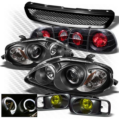 99-00 civic 4dr black pro headlights + tail lights + yellow fog lights + grille