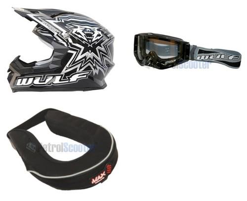 Wulfsport adult medium helmet black + goggles + neck brace roll pit bike quad