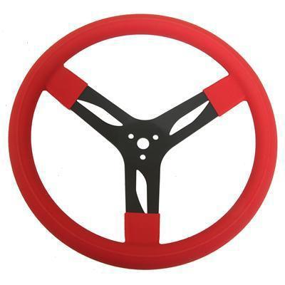 Quickcar steering wheel steel 3-spoke red rubber grip 15.0" dia 3.0" dish ea