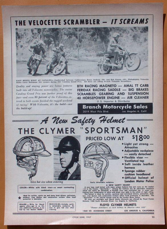 1127   1957 velocette scrambler / clymer helmets single page ad!