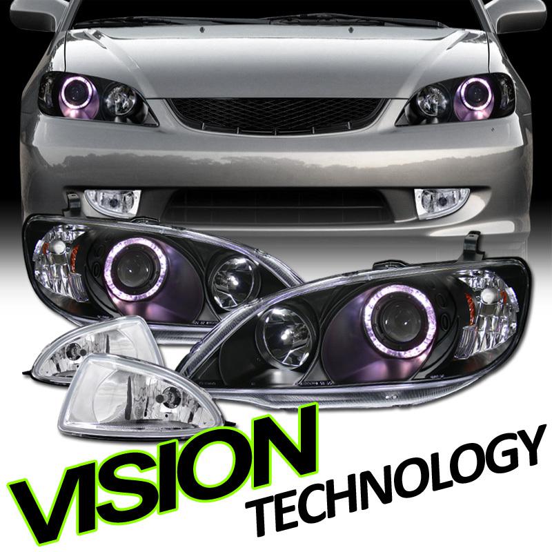 04-05 honda civic 2dr/4dr black halo projector headlights+factory fog lights