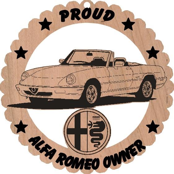 Alfa romeo spider wood ornament engraved large 5 3/4 inches round