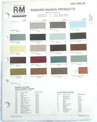 1978 cadillac r-m color paint chip chart all models original 