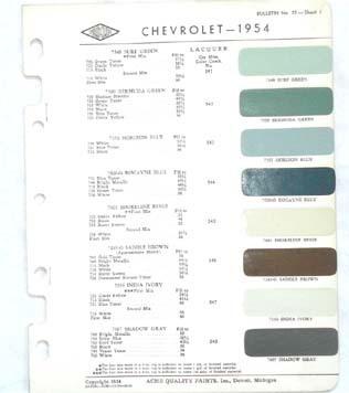 1954 chevrolet acme proxlin color paint chip chart all models original 