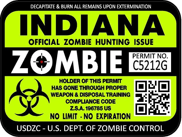 Indiana zombie hunting license permit 3"x4" decal sticker outbreak 1224