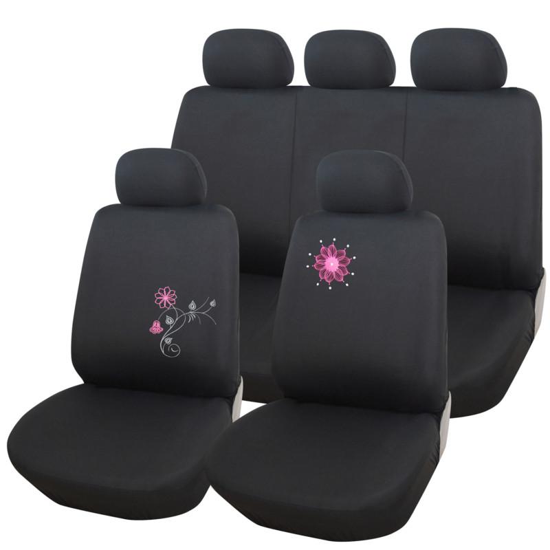 Adeco 9-piece universal vehicle car seat cover set - black w/ flower embroidery