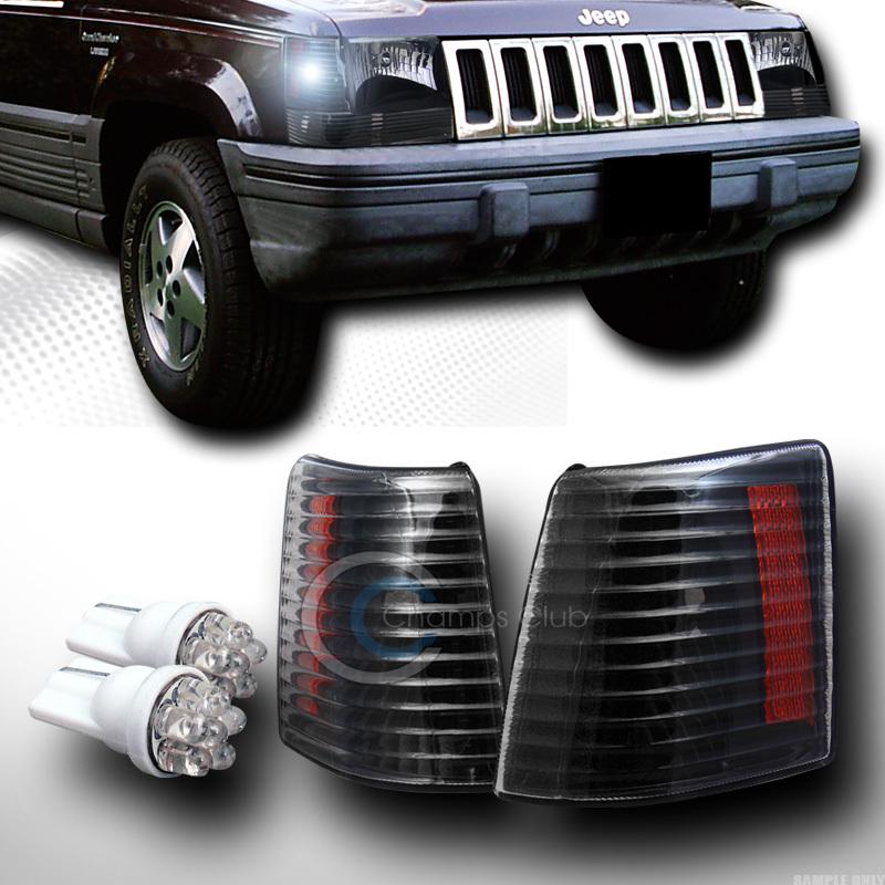 Black parking corner lights amber k2+6 count led bulbs 93-98 jeep grand cherokee