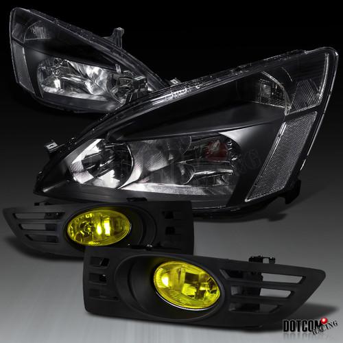 03-05 honda accord 2dr jdm diamond black headlight+yellow lens fog lamp kit