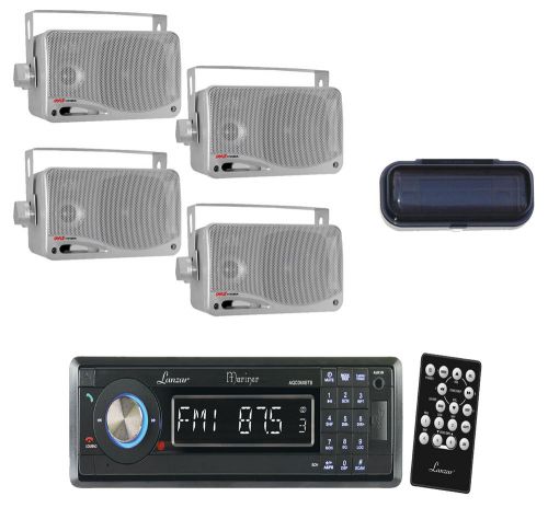 Black marine aux cd usb am/fm receiver+ 4 silver 200w box speakers, stereo cover