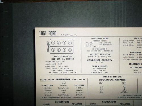 1961 ford series models 390 ci v8 sun tune up chart excellent condition!