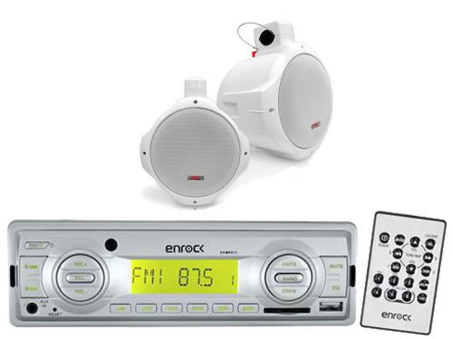 Ekmrs12 marine aux am fm usb radio, 2 white 6.5&#034; marine wake board speaker set